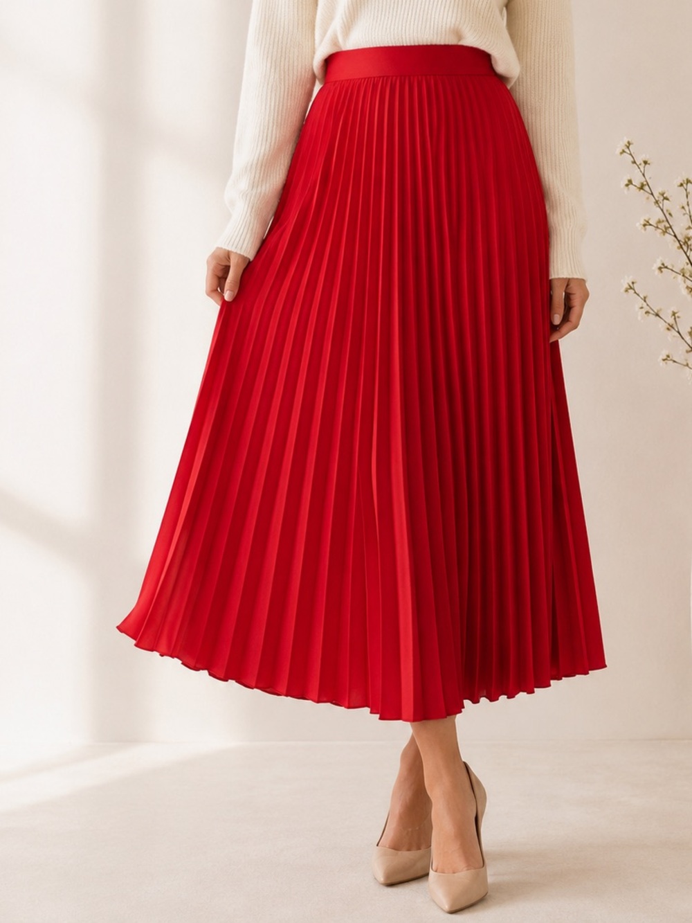 SHEIN Red Pleated Midi Skirt Large High Waist Flowy Holiday Party